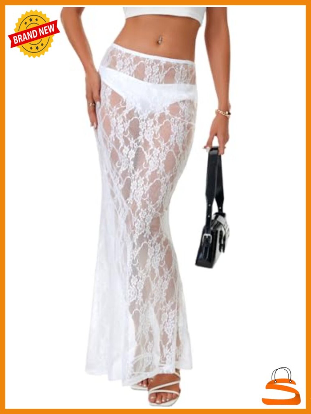 Sheer Lace A-Line Maxi Skirt High Waist Flowy Beach Cover-Up